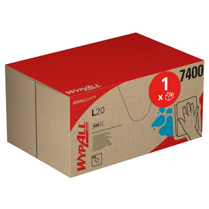 A blue WypAll® L20 General Clean BRAG™ Box from Kimberly-Clark GmbH with branding and symbols shows that it contains 280 cleaning cloths for general and industrial use. On the right side of the box is the image of a hand wiping a surface.