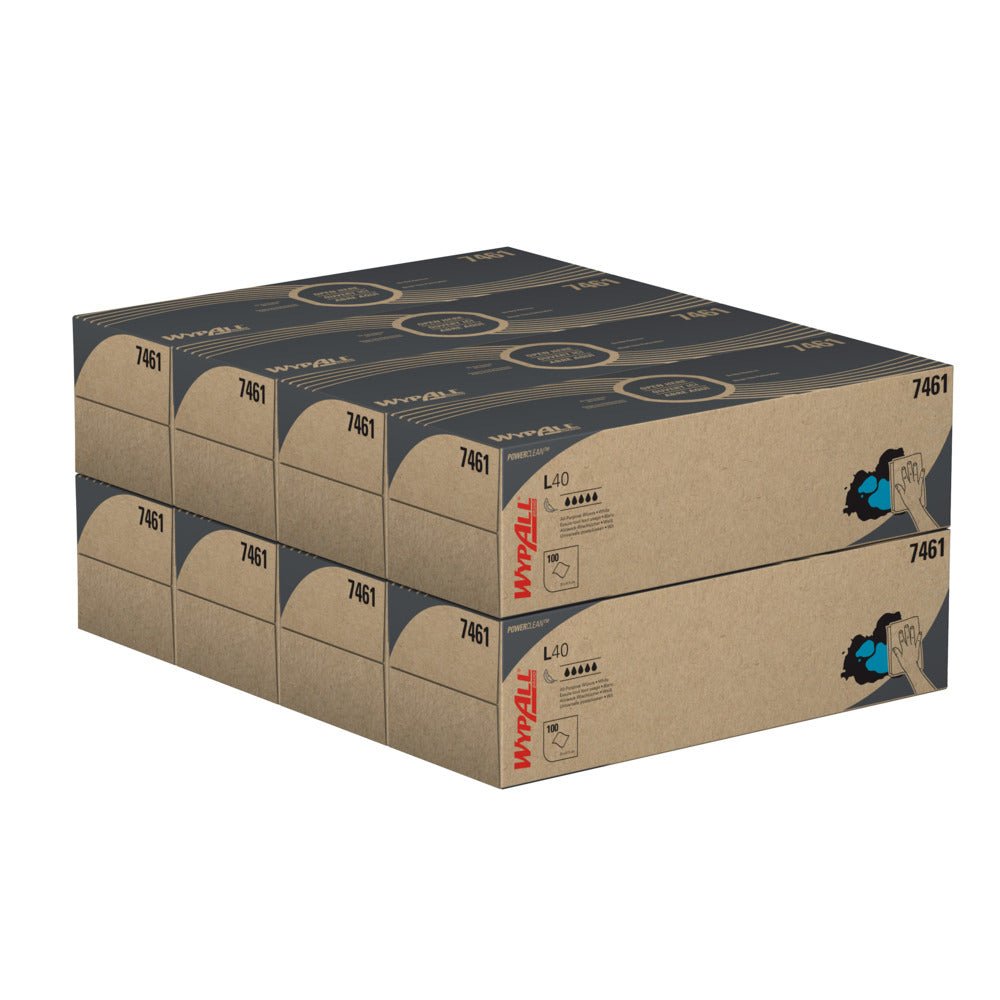Two white cartons of WypAll® L40 PowerClean pull box from Kimberly-Clark GmbH, each with 8 cartons (100 sheets per carton), are stacked against a white background - perfect for industrial cleaning.