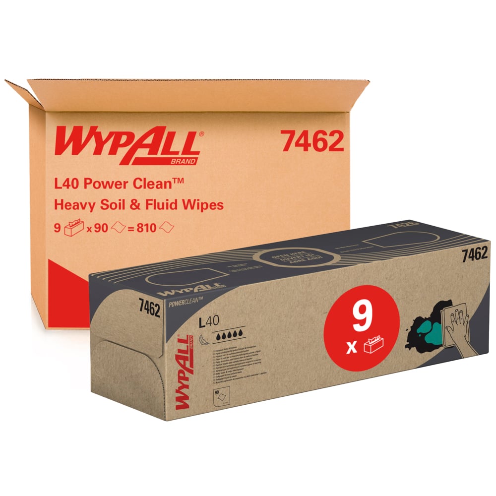 Pictured are a brown carton and a rectangular pop-up box package of Kimberly-Clark GmbH WypAll® L40 PowerClean cleaning cloths, containing 9 boxes with 90 white cloths each, totaling 810 cloths.