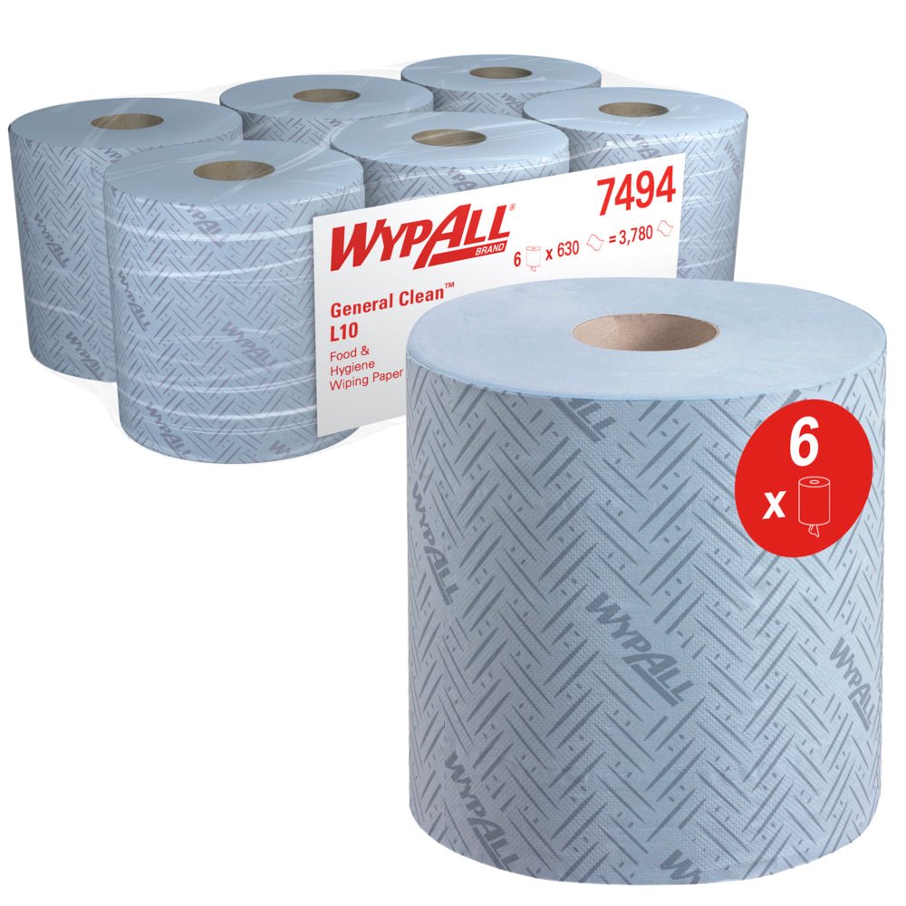 Six rolls of WypAll® L10 paper wipes for food & hygiene centrefeed by Kimberly-Clark GmbH (6 x 630 sheets), with a close-up of a blue roll and packaging. Ideal for hygienic use in the food sector.