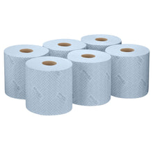 Six WypAll® L20 paper towels for industrial cleaning tasks - central dispensing (38.00 cm x 18.30 cm) from Kimberly-Clark GmbH are arranged in two rows of three, each with a visible brown cardboard center on a plain white background.