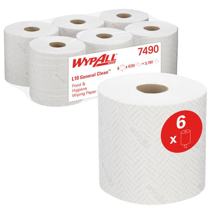 Pictured are six rolls of WypAll® L10 paper towels for food & hygiene from Kimberly-Clark GmbH with the red sticker "6 Rolls". Each carton contains 6 white rolls with 630 sheets each. Ideal for hygiene applications and use in the food sector.