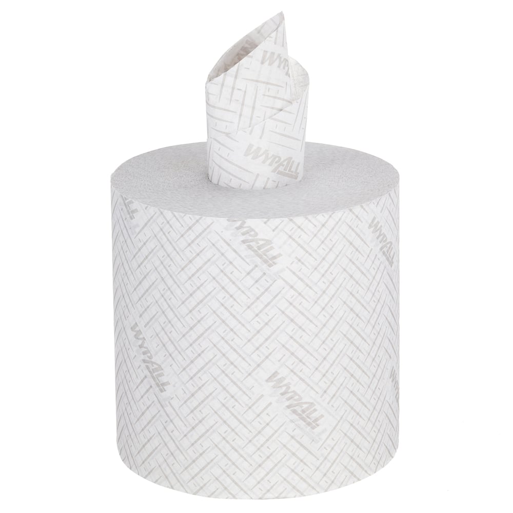 A large roll of WypAll® L20 paper towel from Kimberly-Clark GmbH (38.00 x 18.30 cm), with a textured surface and central dispensing, ideal for industrial cleaning tasks.