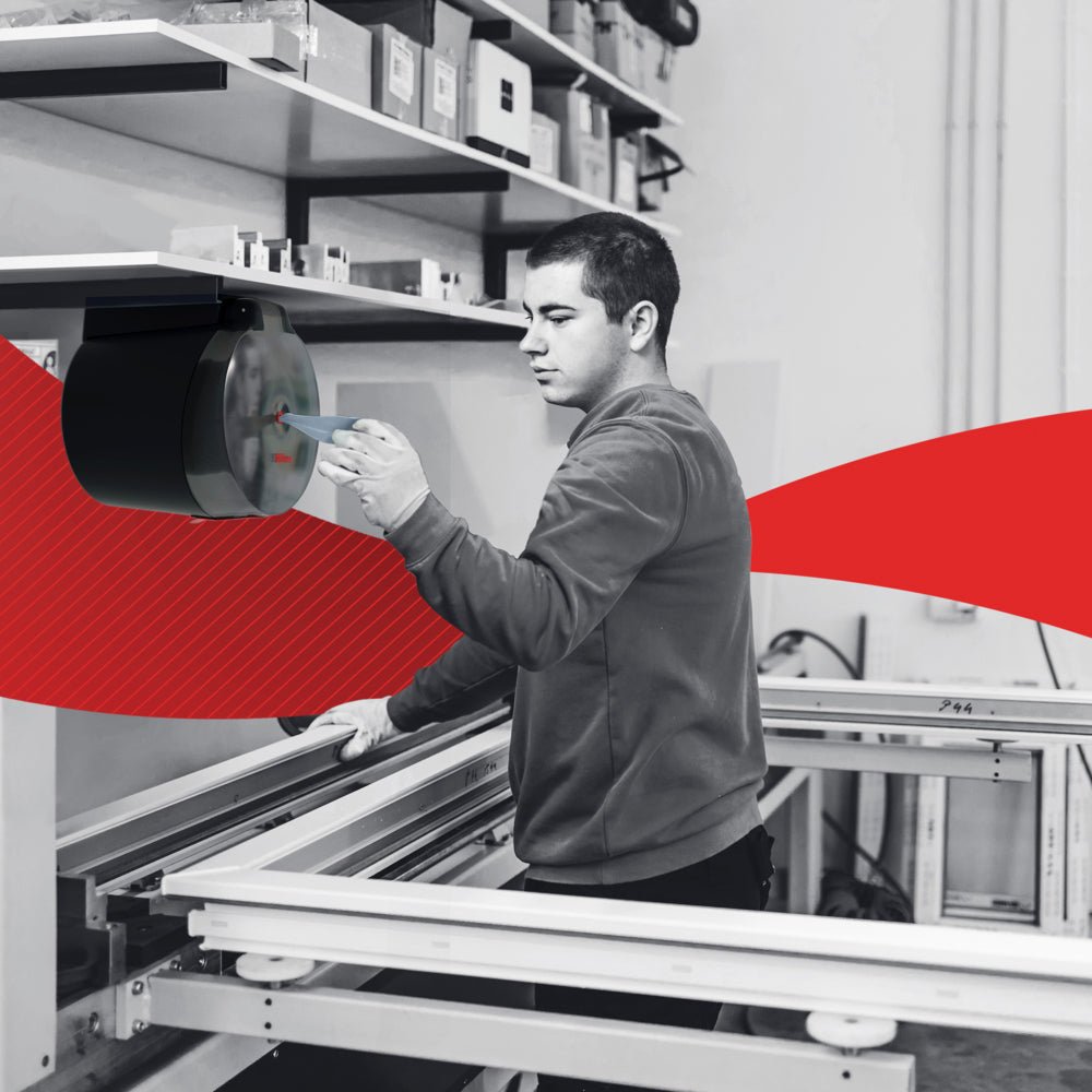 In a workshop, a person sets up a machine part next to a workbench equipped with the WypAll® L10 paper towel centrefeed for Reach+™ (38.00 x 18.30 cm) from Kimberly-Clark GmbH for quick retail cleaning; shelves and a red graphic can be seen in the background.