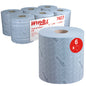 Six large WypAll® L10 paper towel rolls from Kimberly-Clark GmbH for cleaning in service & retail, centrefeed for Reach+™ (38x18.3cm), shown with product label: 6 rolls/pack, 500 sheets/roll - ideal for centrefeed dispenser systems.