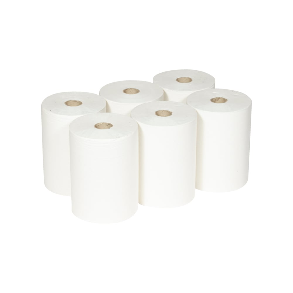 Six Scott® Slimroll™ towels from Kimberly-Clark GmbH lie in two rows on a white background; the cylindrical and absorbent paper towels show a brown cardboard core in the middle.