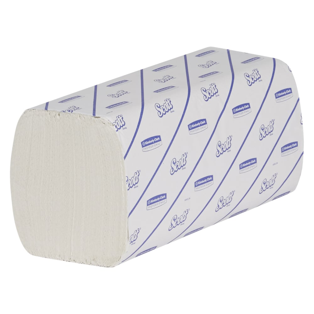 A stack of Scott® EXCELLENT Interfold Hand Towels from Kimberly-Clark GmbH for hygienic hand drying, in white packaging with blue print. The rectangular packaging shows the exposed edges of the folded towels. 20 x 190 towels per carton.