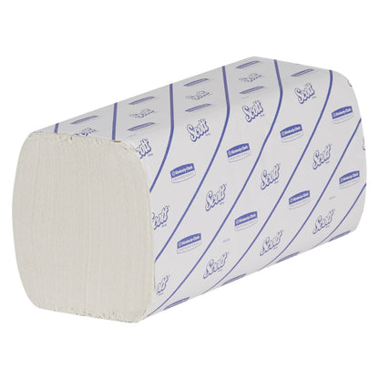 A stack of Scott® EXCELLENT Interfold Hand Towels from Kimberly-Clark GmbH for hygienic hand drying, in white packaging with blue print. The rectangular packaging shows the exposed edges of the folded towels. 20 x 190 towels per carton.