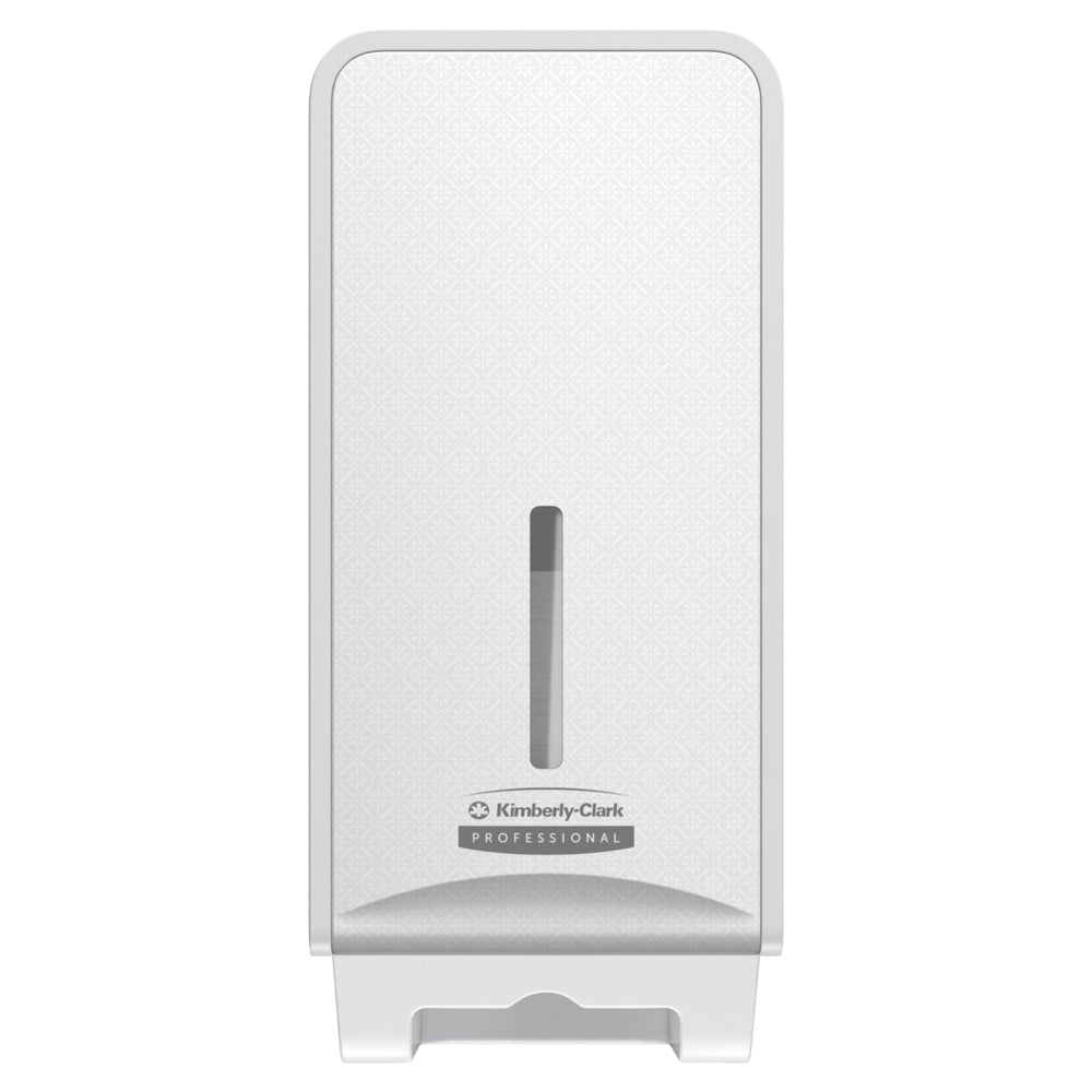 The Kimberly-Clark Professional™ Icon™ toilet paper dispenser, folded (32x14.5x13.8 cm) by Kimberly-Clark GmbH, is a white, wall-mounted washroom dispenser with a vertical window for content control.