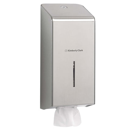 The Kimberly-Clark Professional™ toilet tissue dispenser made of stainless steel by Kimberly-Clark GmbH is ideal for commercial washrooms and features a viewing window as well as a paper dispensing opening at the bottom.