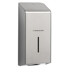 The Kimberly-Clark Professional™ stainless steel toilet paper dispenser from Kimberly-Clark GmbH is ideal for commercial washrooms and features a rectangular viewing slot on the front and a closure at the top.