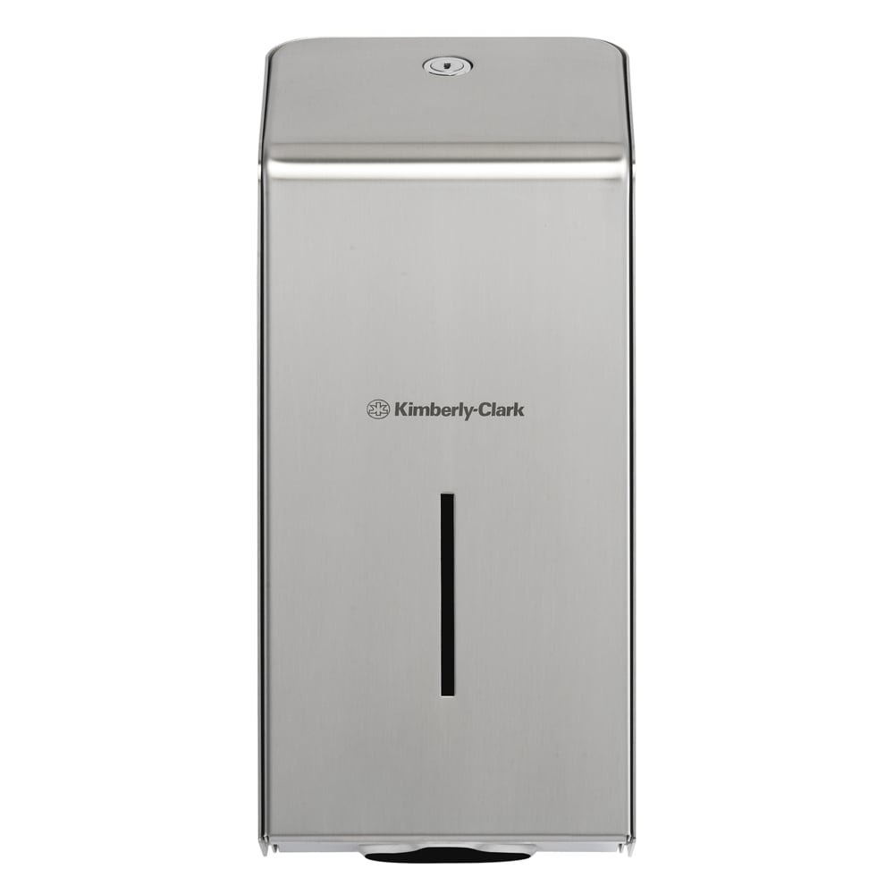 The Kimberly-Clark Professional™ stainless steel toilet paper dispenser from Kimberly-Clark GmbH is wall-mounted and features a rectangular design, a narrow vertical window for fill level control, and a closure or button at the top.