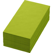 A neatly stacked pile of Duni GmbH Zellt napkins 40x40 cm, 3-ply, in kiwi green (250 pack), ideal as high-quality table decoration against a white background.