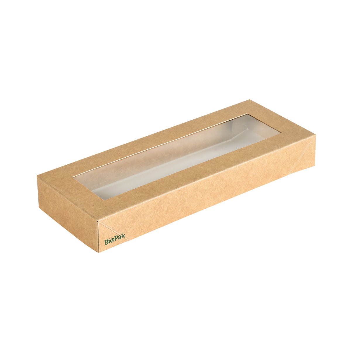 The Viking Slim Brick Lid with PLA Window from Duni GmbH is a rectangular brown cardboard/PLA box (225x85x30 mm) with a transparent PLA window on the lid and a small "BioPak" logo in one corner. Package: 300 pieces.