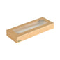 The Viking Slim Brick Lid with PLA Window from Duni GmbH is a rectangular brown cardboard/PLA box (225x85x30 mm) with a transparent PLA window on the lid and a small "BioPak" logo in one corner. Package: 300 pieces.