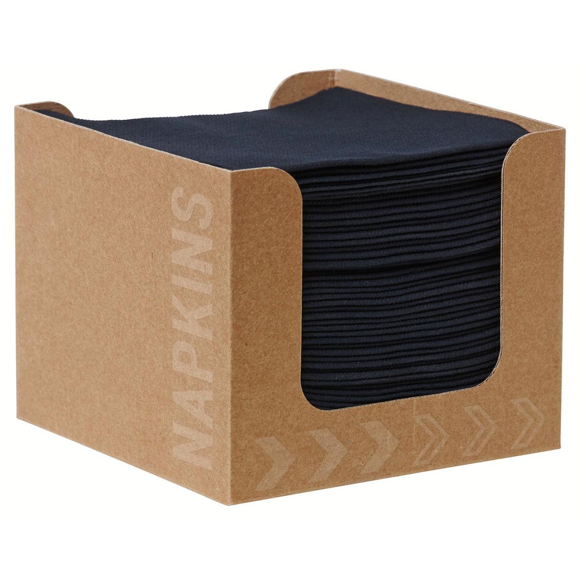 A Bio-Dunisoft napkin box 20 x 20 cm black from Duni GmbH contains neatly stacked black napkins that are visible through the front cutout with the label "NAPKINS".