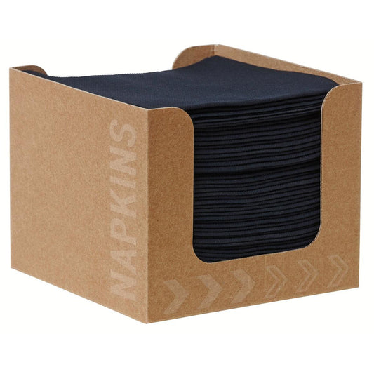 A Bio-Dunisoft napkin box 20 x 20 cm black from Duni GmbH contains neatly stacked black napkins that are visible through the front cutout with the label "NAPKINS".