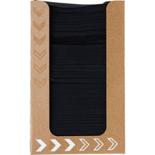 The Bio-Dunisoft napkin box 20 x 20 cm black from Duni GmbH features a clear window through which neatly arranged black bands and white arrow patterns on the bottom and left side of the eco-friendly box can be seen.