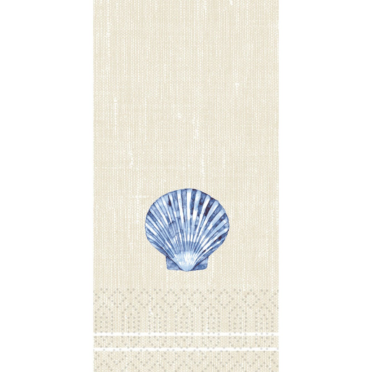 A beige, textured background with a blue shell in the center, white lines, and dotted accents - ideal for the Zellt.Serv of Duni GmbH. 33x33 cm, 2-ply, 1/8 KF, Tide (300 napkins per pack).