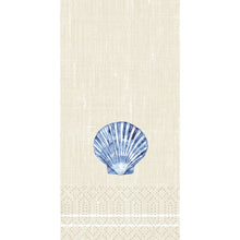A beige, textured background with a blue shell in the center, white lines, and dotted accents - ideal for the Zellt.Serv of Duni GmbH. 33x33 cm, 2-ply, 1/8 KF, Tide (300 napkins per pack).