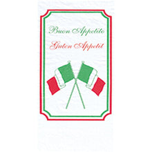 The Duni GmbH paper plate 40x40 mm, 2-ply - Buon Appetito Design features two crossed Italian flags and "Buon Appetito" (green) with "Guten Appetit" (red), all framed by a green-red border. Package: 300 napkins.