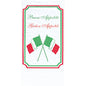 The Duni GmbH paper plate 40x40 mm, 2-ply - Buon Appetito Design features two crossed Italian flags and "Buon Appetito" (green) with "Guten Appetit" (red), all framed by a green-red border. Package: 300 napkins.