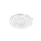 A transparent, round lid carton SLIM RPET 129x120x12 mm from Duni GmbH, made from recycled PET, features a small side tab and embossed recycling symbols. The eco-friendly lid is depicted on a white background (Package: 35 pieces).