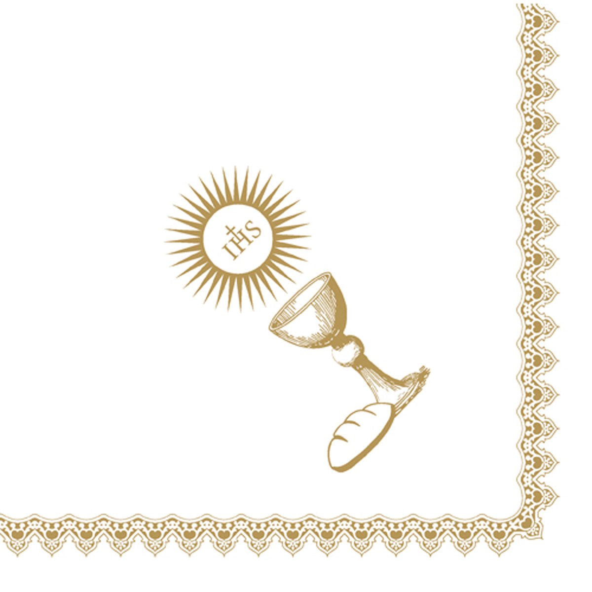 A golden chalice, host with IHS, and bread are depicted next to a lace border on white. The 40 x 40 cm Dunisoft napkins 1/4 fold by Duni GmbH is perfect for special occasions.