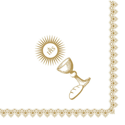 A golden chalice, host with IHS, and bread are depicted next to a lace border on white. The 40 x 40 cm Dunisoft napkins 1/4 fold by Duni GmbH is perfect for special occasions.