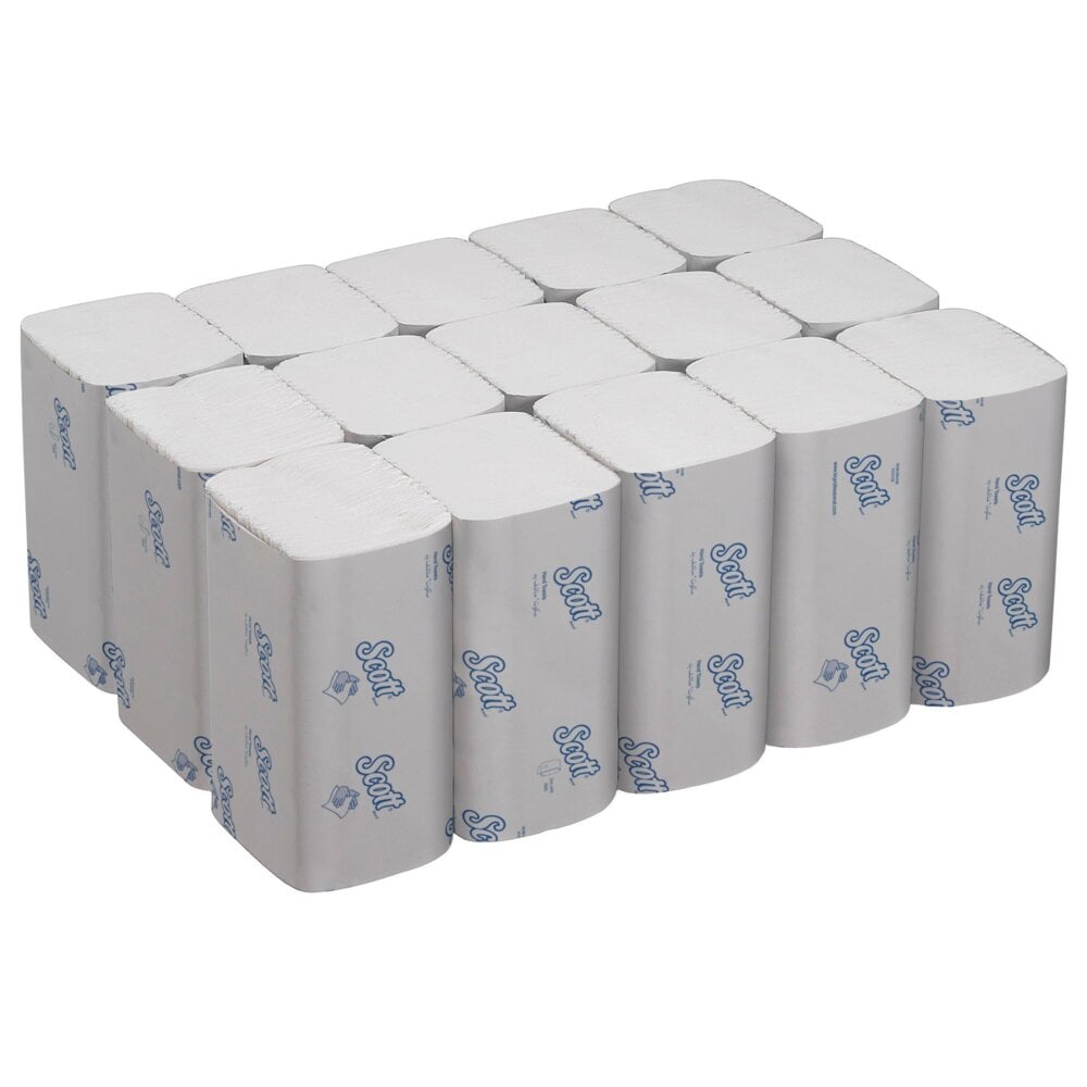 A stack of Scott® Control™ folded towels (White, Large) from Kimberly-Clark GmbH, 15 packs x 240 sheets in the carton, individually wrapped and arranged in three rows. White packaging with blue text emphasizes absorbent quality.