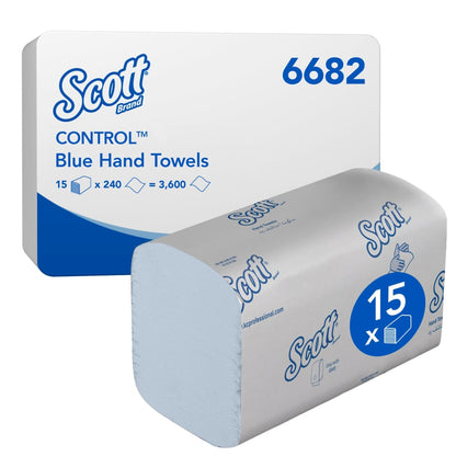 A carton of Scott® Control™ Interfold Blue Hand Towels from Kimberly-Clark contains 15 packs with 240 sheets each (item no. 6682), totaling 3,600 hygienic paper towels per carton.