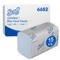 A carton of Scott® Control™ Interfold Blue Hand Towels from Kimberly-Clark contains 15 packs with 240 sheets each (item no. 6682), totaling 3,600 hygienic paper towels per carton.