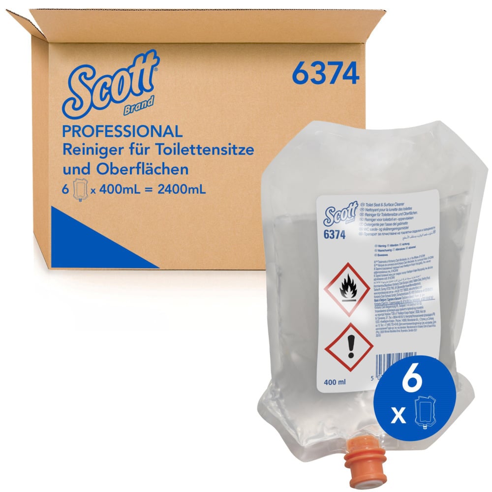A cardboard box labeled "Scott® Cleaner for toilet seats and other surfaces" from Kimberly-Clark GmbH with a transparent 400ml dispenser pouch at the front, hazard symbols, and "6 x 400 ml" for hygienic cleaning.