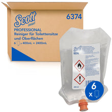 A cardboard box labeled "Scott® Cleaner for toilet seats and other surfaces" from Kimberly-Clark GmbH with a transparent 400ml dispenser pouch at the front, hazard symbols, and "6 x 400 ml" for hygienic cleaning.