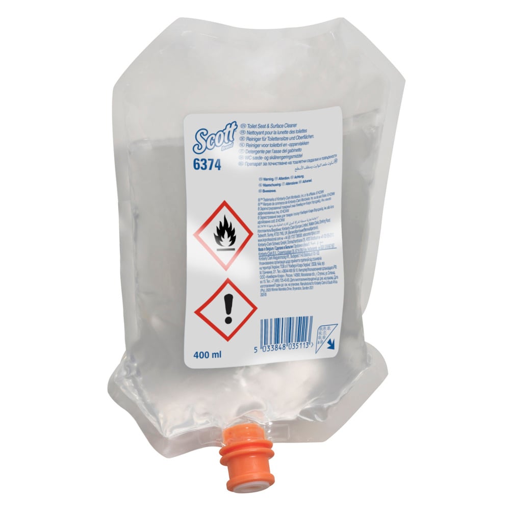 A transparent 400 ml dispenser pouch labeled "Scott® Cleaner for toilet seats and other surfaces" from Kimberly-Clark GmbH, with hazard symbols, barcode, orange cap, and instructions for use. Box with 6 pouches.