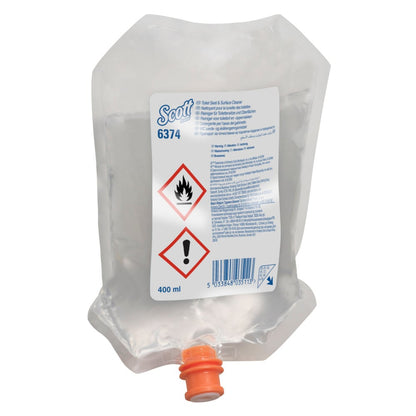 A transparent 400 ml dispenser pouch labeled "Scott® Cleaner for toilet seats and other surfaces" from Kimberly-Clark GmbH, with hazard symbols, barcode, orange cap, and instructions for use. Box with 6 pouches.