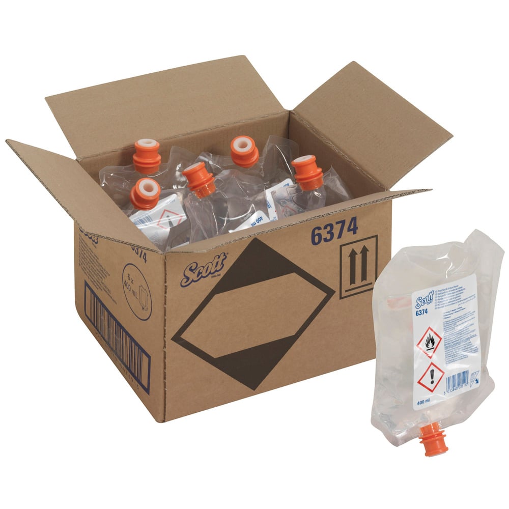An opened box labeled "Scott® Cleaner for toilet seats and other surfaces" from Kimberly-Clark GmbH contains six transparent 400 ml dispenser pouches, one of which is externally equipped with an orange cap, a warning label, and hazard symbols.