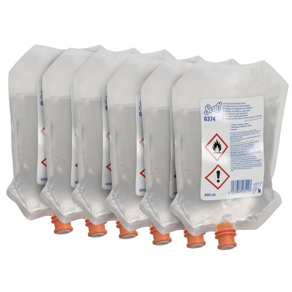 Six transparent 400 ml Scott® Cleaner for toilet seats and other surfaces dispenser pouches from Kimberly-Clark GmbH, each with an orange cap and a white safety-labeled sticker, are neatly arranged in a box with 6 pouches.
