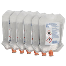 Six transparent 400 ml Scott® Cleaner for toilet seats and other surfaces dispenser pouches from Kimberly-Clark GmbH, each with an orange cap and a white safety-labeled sticker, are neatly arranged in a box with 6 pouches.