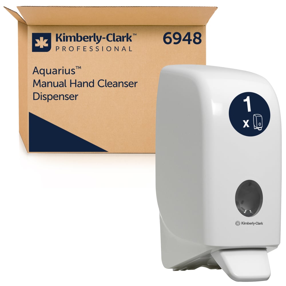A Kimberly-Clark GmbH Aquarius™ dispenser for hand wash, white, 1 Ltr, is displayed in front of its brown box labeled 6948. The hygienic dispenser features a round indicator on the front.