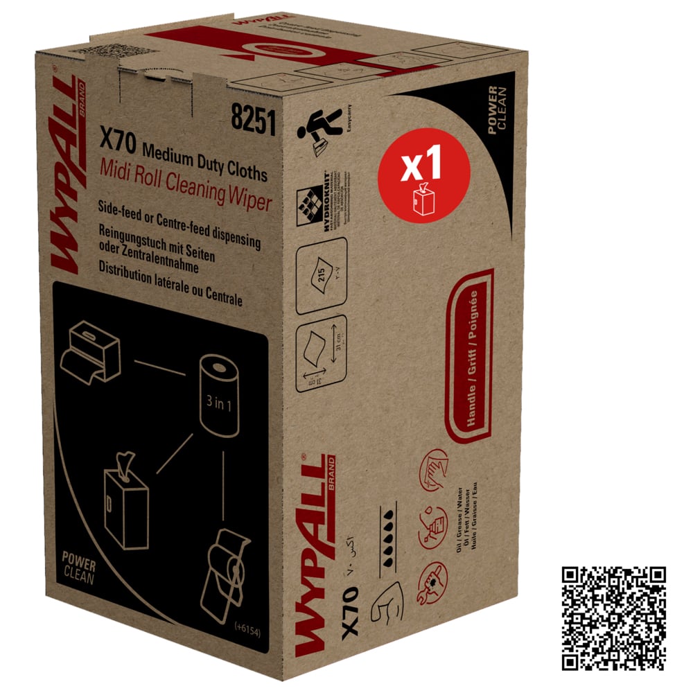 Pictured is a brown box from Kimberly-Clark GmbH with WypAll® X70 PowerClean Midi Roll/Blue (1 box x 207 sheets) with product details, images, a red "x1" circle, and a QR code in the lower right corner.