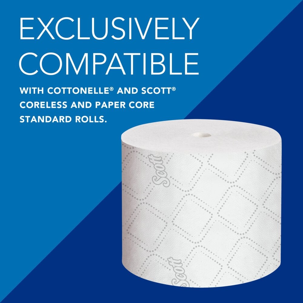A Kimberly-Clark Professional™ dispenser for coreless toilet paper (white) by Kimberly-Clark GmbH is pictured against a blue background, highlighting its exclusive compatibility with coreless toilet paper - an innovative, sustainable solution.