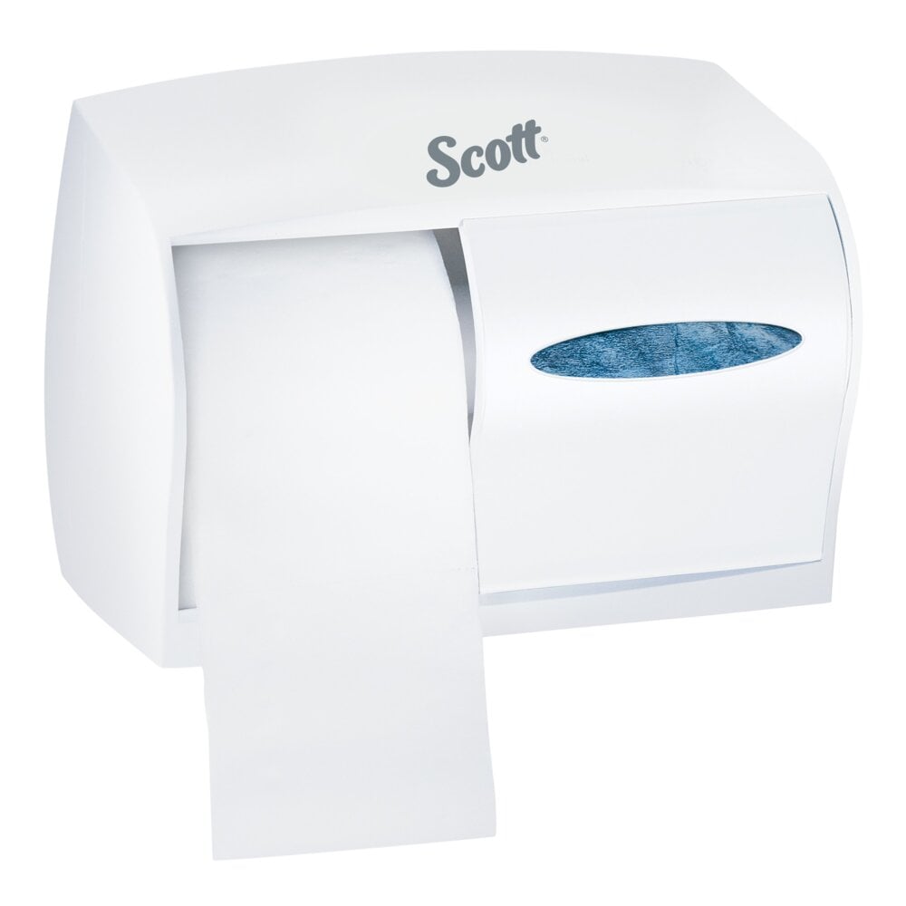 The Kimberly-Clark Professional™ Toilet Tissue Dispenser in white holds coreless toilet paper and folded paper towels, both visible through an oval window, and offers a sustainable solution for washrooms.