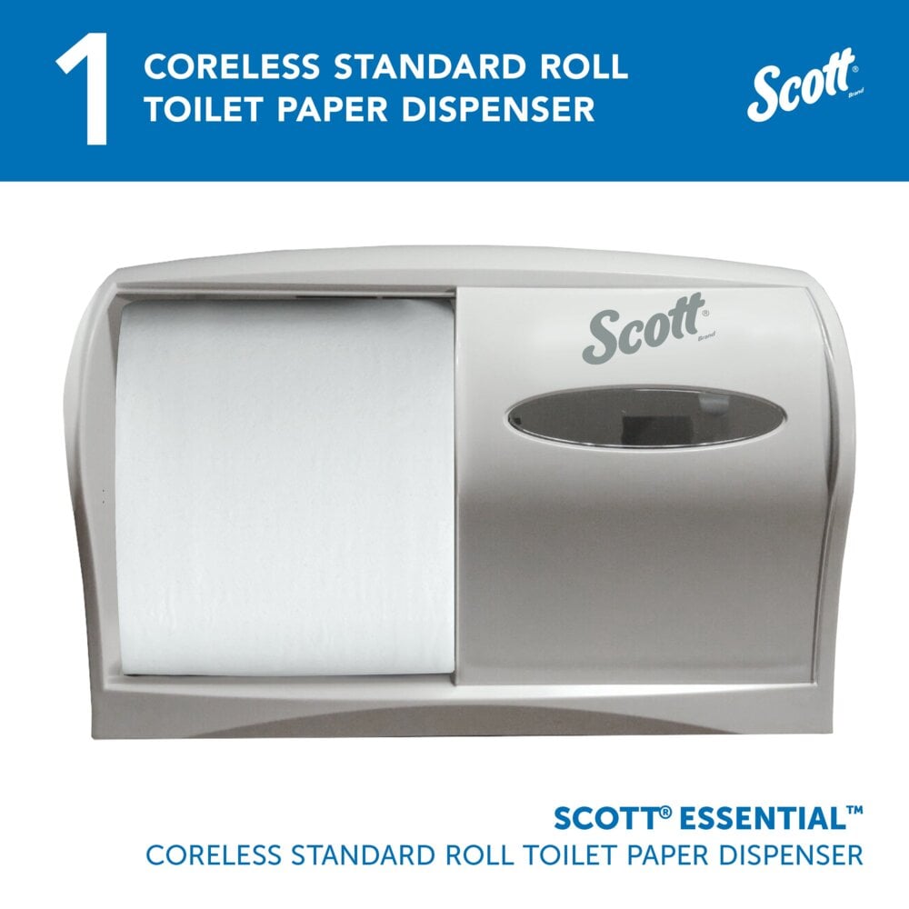 The Kimberly-Clark Professional™ Toilet Tissue Dispenser - Coreless in white by Kimberly-Clark GmbH is a wall-mounted, sustainable dispenser with a viewing window and branding - ideal for modern washrooms.