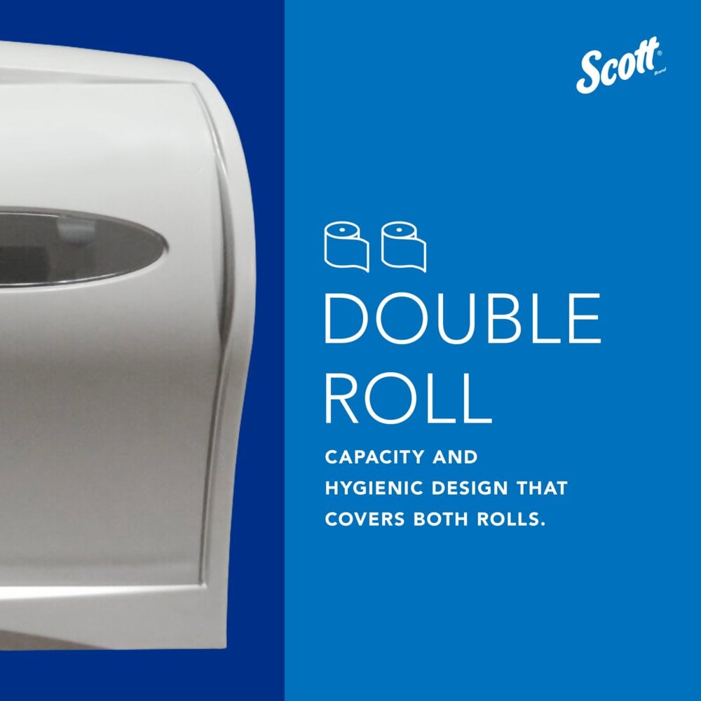 On the left is a white Kimberly-Clark Professional™ toilet paper dispenser - coreless depicted. The blue text reads: "DOUBLE ROLLS. Capacity and hygienic design that covers both rolls." Kimberly-Clark GmbH logo at the top right - a sustainable choice for high-traffic restrooms.