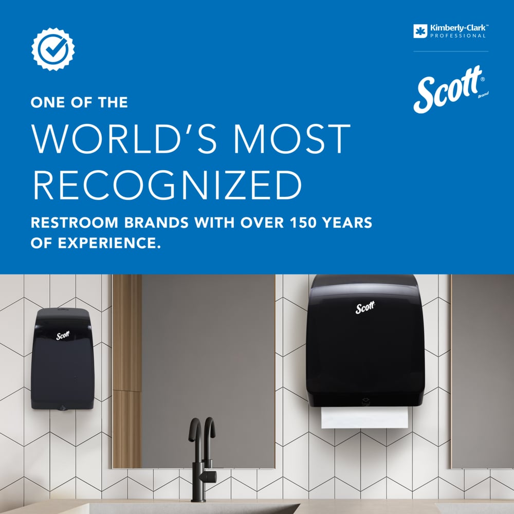 A restroom with a Scott paper towel dispenser, a Kimberly-Clark Professional™ Coreless Toilet Tissue Dispenser (white), and a Scott soap dispenser above the sink. The upper area highlights 150 years of experience and sustainability from Scott.
