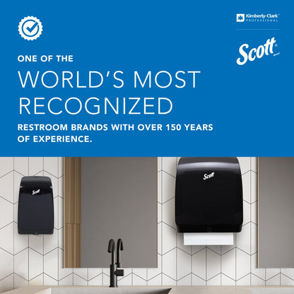 A restroom with a Scott paper towel dispenser, a Kimberly-Clark Professional™ Coreless Toilet Tissue Dispenser (white), and a Scott soap dispenser above the sink. The upper area highlights 150 years of experience and sustainability from Scott.