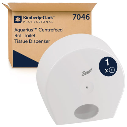 A white Scott® Control™ toilet paper dispenser (centrefeed/jumbo, 1 dispenser) from Kimberly-Clark GmbH is pictured in front of a brown Kimberly-Clark Professional box with the inscription "7046 Aquarius Centrefeed Roll Toilet Tissue Dispenser".