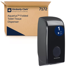 A black Aquarius™ toilet paper dispenser from Kimberly-Clark GmbH stands in front of a brown box labeled 7172. Both look clean and hygienically perfect for any bathroom.