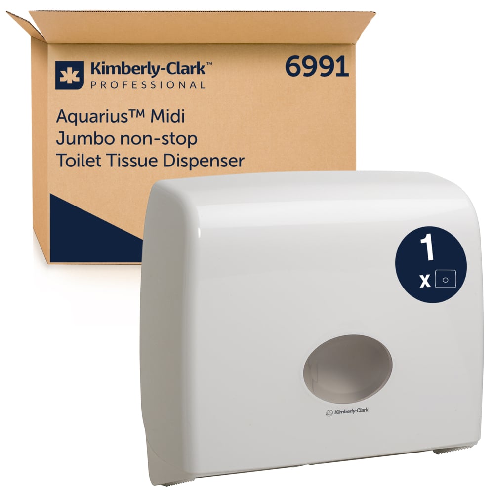 The Aquarius™ Toilet Tissue Dispenser - Jumbo Non-Stop by Kimberly-Clark GmbH in White offers a practical and hygienic solution for your toilet paper needs. 1 dispenser per carton.
